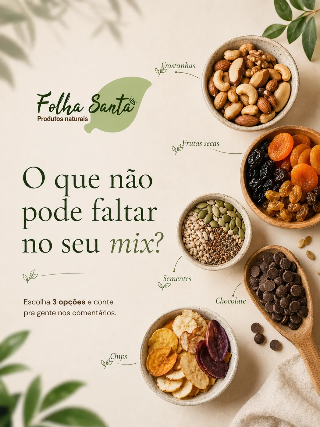 Castanhas, frutas secas, sementes e opções para mix